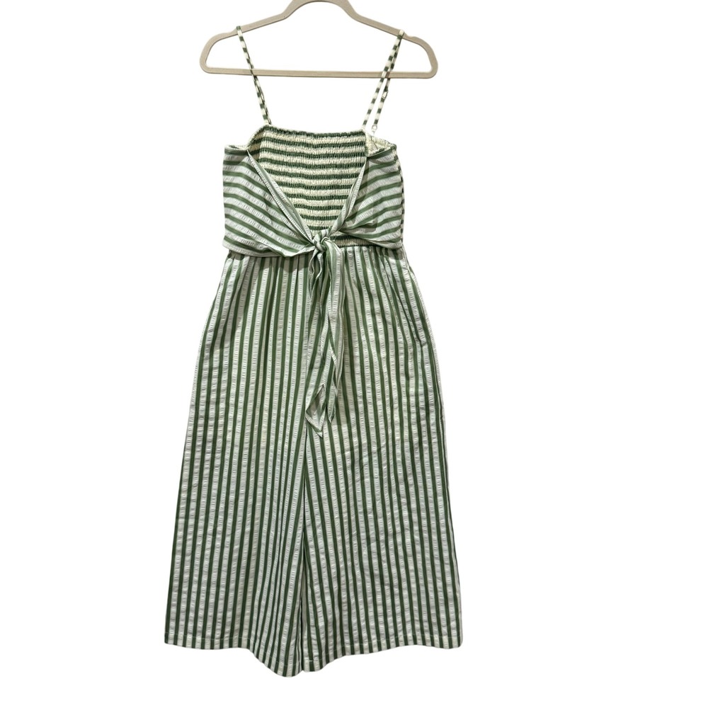 Doe and‎ Rae Womens Green White Striped Smocked Wide Leg Jumpsuit Small Pockets